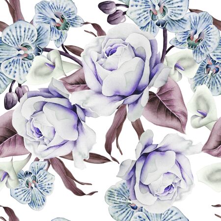 Bright seamless pattern with flowers. Rose. Orchid. Calla. Watercolor illustration. Hand drawn.の写真素材
