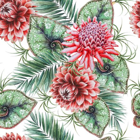 Bright  tropical seamless pattern with flowers. Etlingera. Dahlia.  Watercolor illustration. Hand drawn.の写真素材