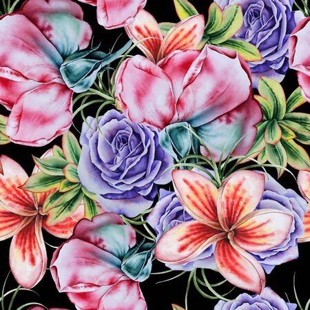 Bright seamless pattern with flowers and succulents. Watercolor illustration. Hand drawn.の写真素材