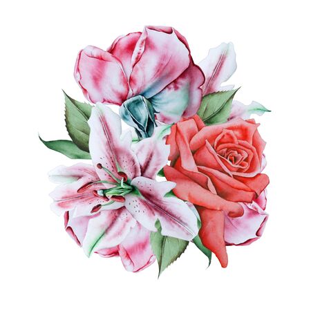Watercolor bouquet with flowers.  Illustration. Rose. lily. Hand drawn.の写真素材