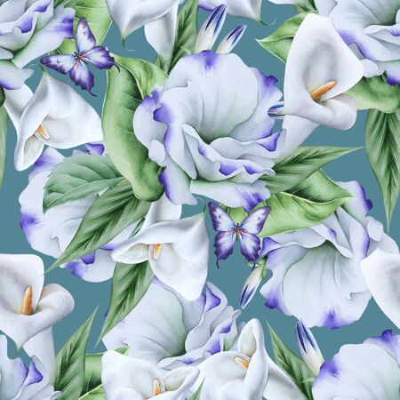 Bright seamless pattern with flowers. Calla. Eustoma. Watercolor illustration. Hand drawn.の写真素材