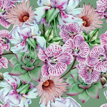 Bright seamless pattern with flowers and succulents. Watercolor illustration. Hand drawn.の写真素材