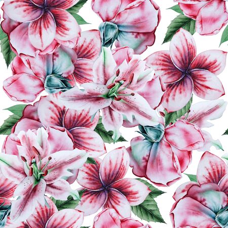 Bright seamless pattern with flowers. Watercolor illustration. Hand drawn.の写真素材