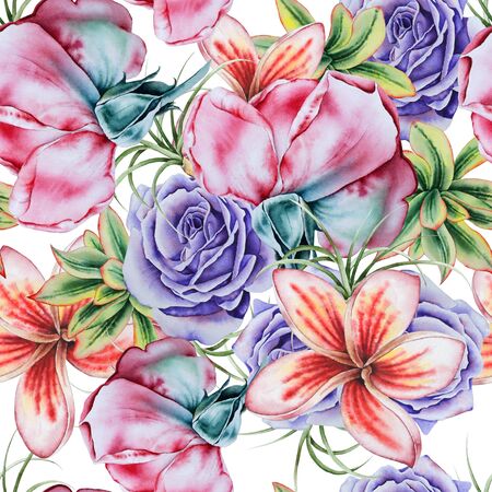 Bright seamless pattern with flowers and succulents. Watercolor illustration. Hand drawn.の写真素材