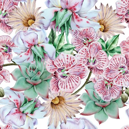 Bright seamless pattern with flowers and succulents. Watercolor illustration. Hand drawn.の写真素材