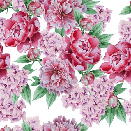Bright seamless pattern with flowers. Peony. Watercolor illustration. Hand drawn.の写真素材