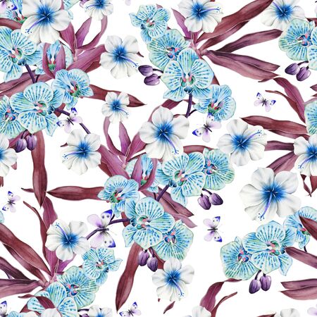 Bright seamless pattern with flowers. Hibiscus. Orchid. Butterfly.                      Watercolor illustration. Hand drawn.の写真素材