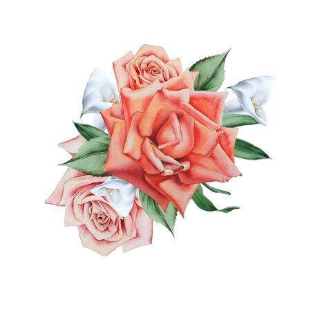 Watercolor bouquet with flowers.  Illustration. Rose. Calla. Hand drawn.の写真素材
