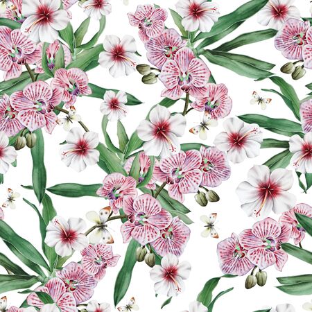 Bright seamless pattern with flowers. Hibiscus. Orchid. Butterfly.                      Watercolor illustration. Hand drawn.の写真素材