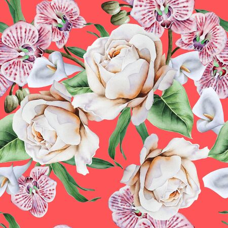 Bright seamless pattern with flowers. Rose. Orchid. Calla. Watercolor illustration. Hand drawn.の写真素材