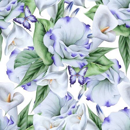 Bright seamless pattern with flowers. Calla. Eustoma. Watercolor illustration. Hand drawn.の写真素材