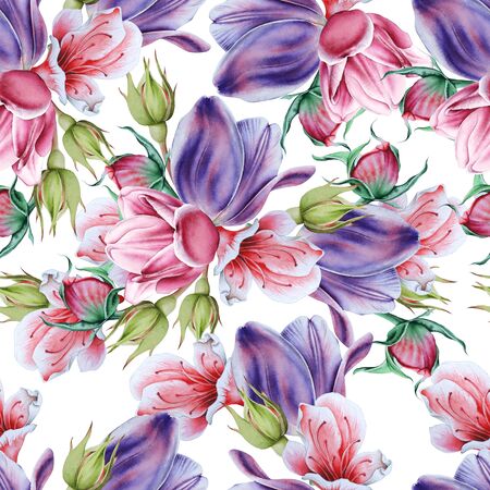 Bright seamless pattern with flowers. Watercolor illustration. Hand drawn.の写真素材