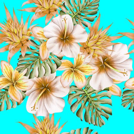 Bright  tropical seamless pattern with flowers. Monstera. Hibiscus. Bromeliad. Plumeria.  Watercolor illustration. Hand drawn.の写真素材