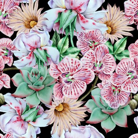 Bright seamless pattern with flowers and succulents. Watercolor illustration. Hand drawn.の写真素材