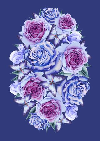 Watercolor bouquet with flowers and  butterflies.  Illustration. Hand drawn.の写真素材