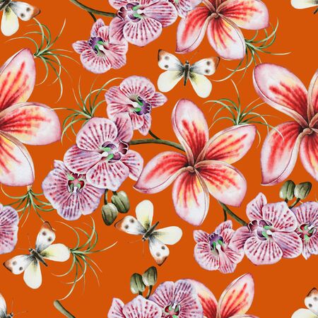 Bright seamless pattern with flowers. Plumeria. Orchid. Butterfly.  Watercolor illustration. Hand drawn.の写真素材