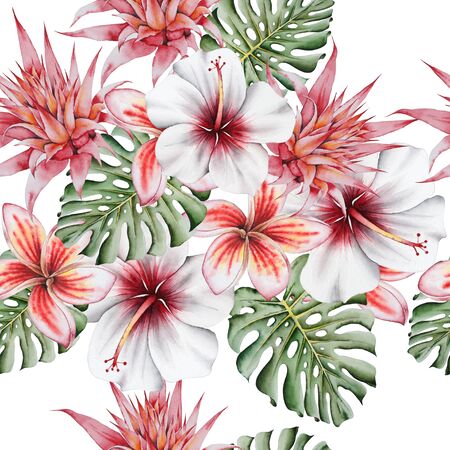 Bright  tropical seamless pattern with flowers. Monstera. Hibiscus. Bromeliad. Plumeria.  Watercolor illustration. Hand drawn.の写真素材