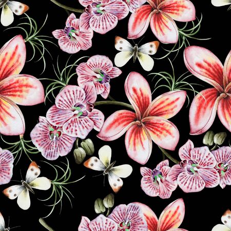 Bright seamless pattern with flowers. Plumeria. Orchid. Butterfly.  Watercolor illustration. Hand drawn.の写真素材