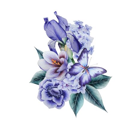 Watercolor bouquet with flowers and  butterflies.  Illustration. Hand drawn.の写真素材