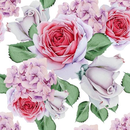 Bright seamless pattern with flowers. Rose. Hydrangea. Watercolor illustration. Hand drawn.の写真素材
