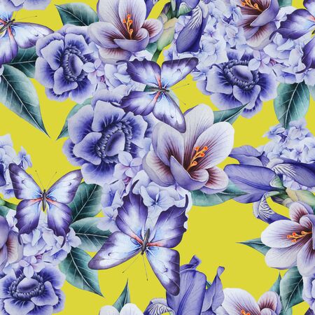 Bright seamless pattern with flowers. Crocus. Anemone. Iris.  Watercolor illustration. Hand drawn.の写真素材