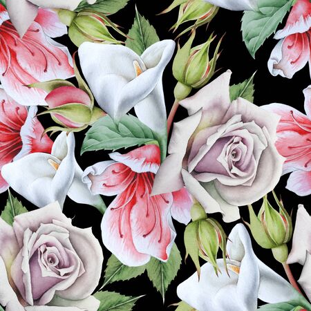Bright seamless pattern with flowers. Calla. Rose. Watercolor illustration. Hand drawn.の写真素材