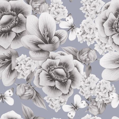 Seamless pattern with flowers. Crocus. Anemone. Peony.  Watercolor illustration. Hand drawn.の写真素材