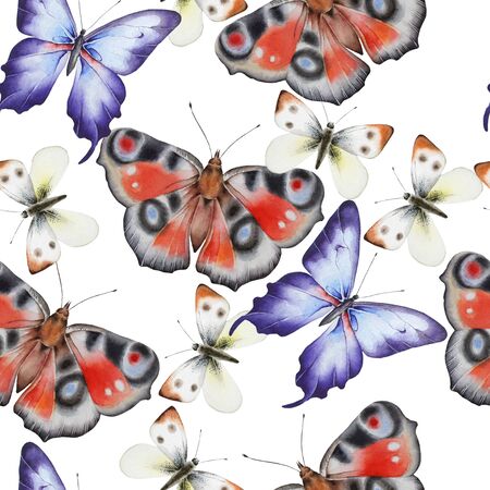 Bright seamless pattern with butterflies. Watercolor illustration. Hand drawn.の写真素材