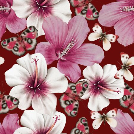 Watercolor bouquet with flowers and butterflies.  Hibiscus. Illustration.  Hand drawn.の写真素材