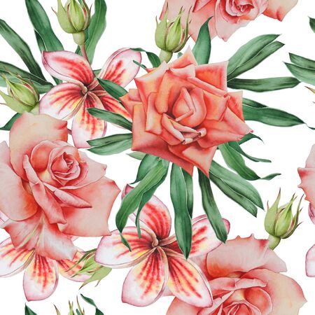 Bright seamless pattern with flowers. Watercolor illustration. Hand drawn.の写真素材