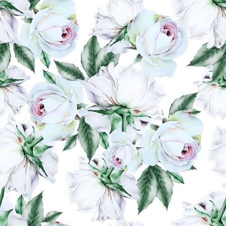Bright seamless pattern with flowers. Rose. Watercolor illustration. Hand drawn.の写真素材