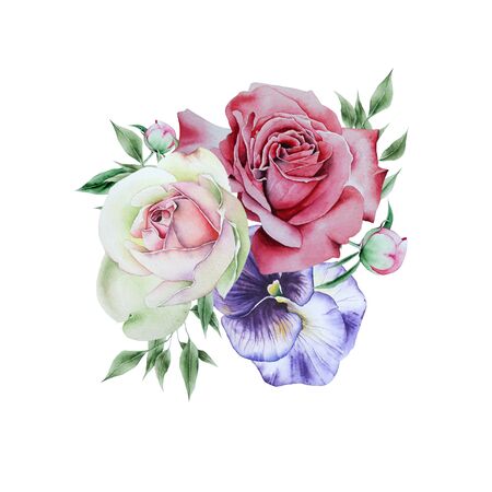 Watercolor bouquet with flowers and  leaves.  Illustration. Hand drawn.の写真素材