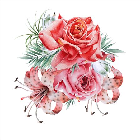 Watercolor bouquet with flowers. Rose Lily. Illustration. Hand drawn.の写真素材