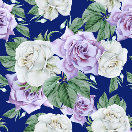Bright seamless pattern with flowers. Rose Watercolor illustration. Hand drawn.の写真素材