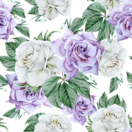 Bright seamless pattern with flowers. Rose Watercolor illustration. Hand drawn.の写真素材