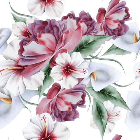 Bright seamless pattern with flowers. Rose Calla Hibiscus. Watercolor illustration. Hand drawn.の写真素材