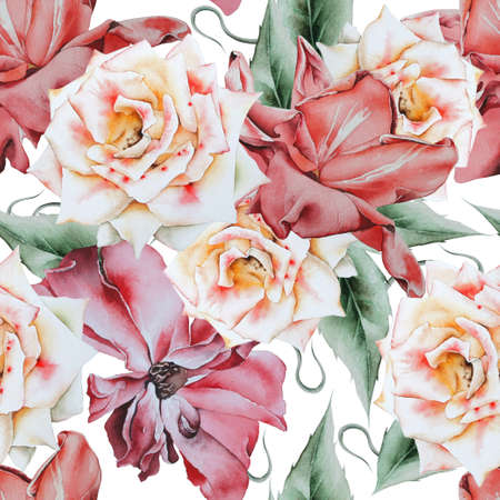 Bright seamless pattern with flowers. Rose Watercolor illustration. Hand drawn.の写真素材