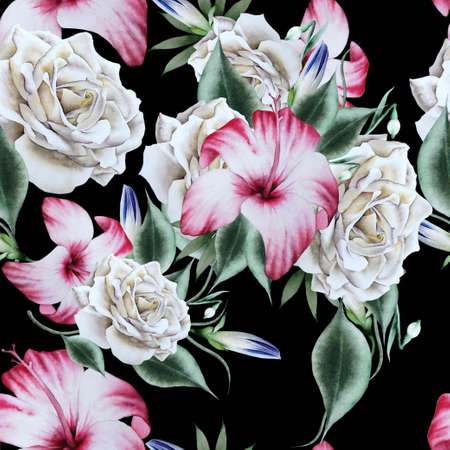 Bright seamless pattern with flowers. Rose Hibiscus. Watercolor illustration. Hand drawn.の写真素材