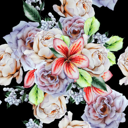 Bright seamless pattern with flowers. Rose Plumeria. Watercolor illustration. Hand drawn.の写真素材