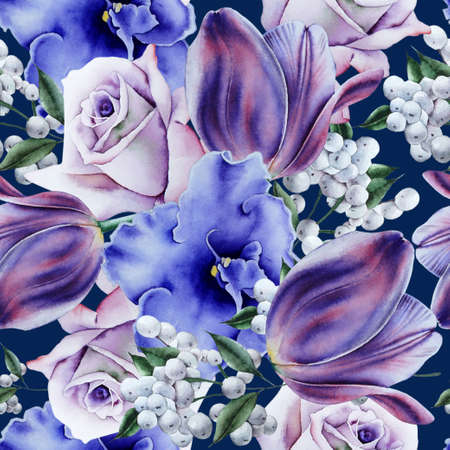 Bright seamless pattern with flowers. Rose Tulip. Watercolor illustration. Hand drawn.の写真素材