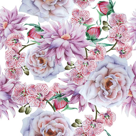 Bright seamless pattern with flowers. Rose Peony. Orchid. Watercolor illustration. Hand drawn.の写真素材