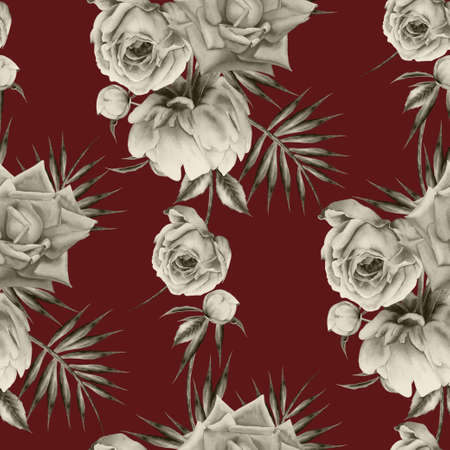 Bright seamless pattern with flowers. Rose Peony. Watercolor illustration. Hand drawn.の写真素材