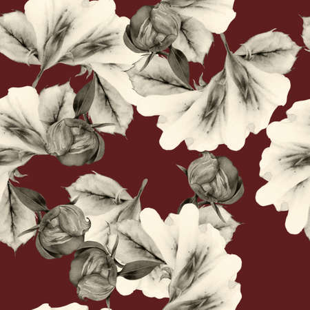 Bright seamless pattern with flowers. Peony. Watercolor illustration. Hand drawn.の写真素材