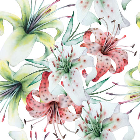 Bright seamless pattern with flowers. Lily. Watercolor illustration. Hand drawn.の写真素材