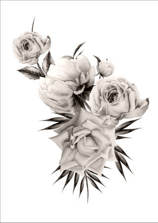 Watercolor bouquet with flowers. Rose Peony. Illustration. Hand drawn.の写真素材