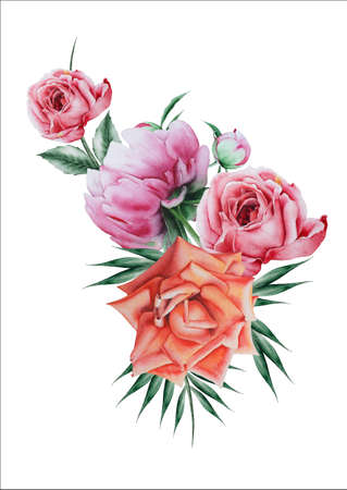 Watercolor bouquet with flowers. Rose Peony. Illustration. Hand drawn.の写真素材