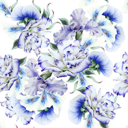 Bright seamless pattern with flowers. Iris. Eustoma. Watercolor. Hand drawn.の写真素材