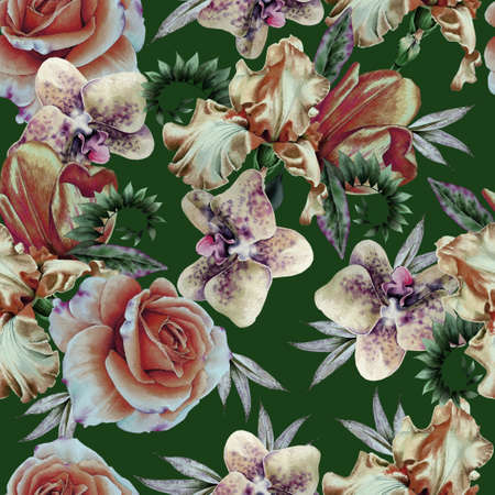 Bright seamless pattern with flowers. Tulip. Iris. Rose Orchid. Watercolor illustration. Hand drawn.の写真素材