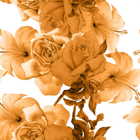 Bright seamless pattern with flowers. Rose Hibiscus. Watercolor illustration. Hand drawn.の写真素材