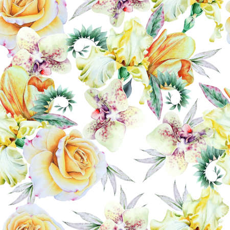 Bright seamless pattern with flowers. Tulip. Iris. Rose Orchid. Watercolor illustration. Hand drawn.の写真素材